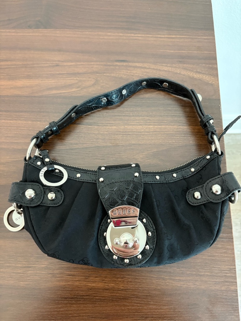 GUESS Black Shoulder Bag with Silver-Tone Stud Accents